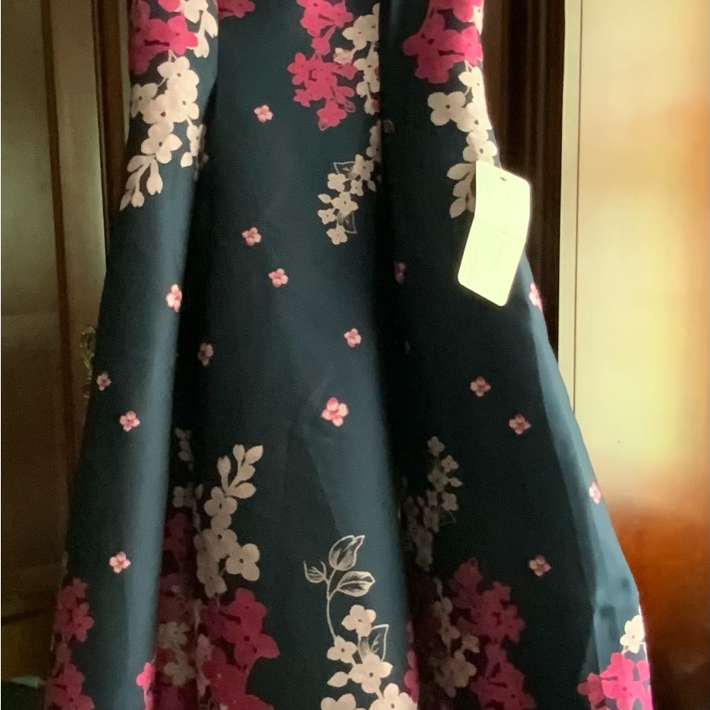 Adrianna Papell Floral Jacquard Navy Dress with Pink Floral Design